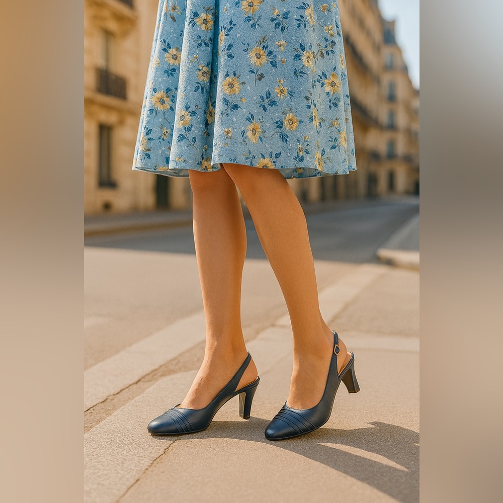 NWOT Soft Style Hush Puppies Women’s Pleats as Punch Slingback Pumps Navy 8.5